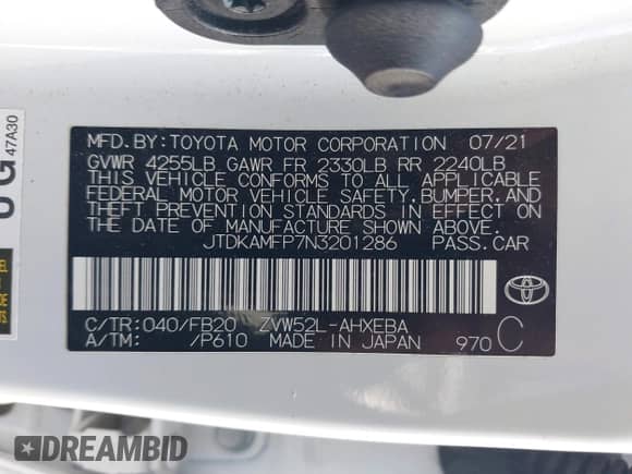 2022 Toyota Prius Limited with VIN JTDKAMFP7N3201286, listed as a IAAI auction lot 43282629 with 31,664 mi miles and . Bid and sale history available at DreamBid. Image 9.