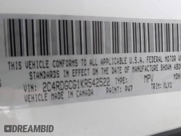 2019 Dodge Grand Caravan SXT z VIN 2C4RDGCG1KR542522, wystawiony jako IAAI lot #43366510 z przebiegiem 87 403 mil mil oraz . Historia ofert i sprzedaży dostępna na DreamBid. Obrazek 9.