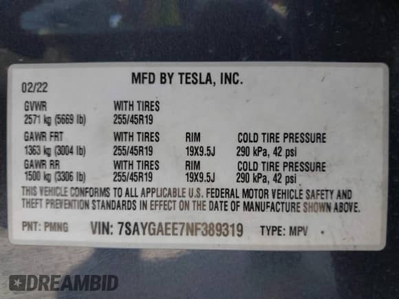 2022 Tesla Model Y Long Range z VIN 7SAYGAEE7NF389319, wystawiony jako IAAI lot #42492523 z przebiegiem Nie podano mil oraz . Historia ofert i sprzedaży dostępna na DreamBid. Obrazek 8.