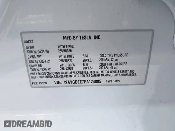 2023 Tesla Model Y Long Range with VIN 7SAYGDEE7PA124885, listed as a IAAI auction lot 43084065 with 22,983 mi miles and . Bid and sale history available at DreamBid. Image 9.