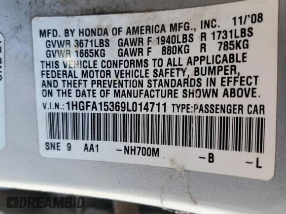 2009 Honda Civic с VIN 1HGFA15369L014711, выставлен на аукционе Copart как лот 84104804 с пробегом 180 019 миль миль и Чистый • Clean title. История ставок и продаж доступна на DreamBid. Изображение 12.