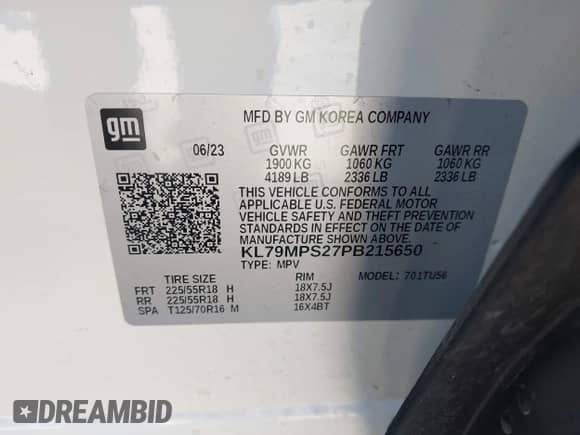 2023 Chevrolet TrailBlazer LT с VIN KL79MPS27PB215650, выставлен на аукционе IAAI как лот 42405179 с пробегом 25 283 миль миль и . История ставок и продаж доступна на DreamBid. Изображение 9.