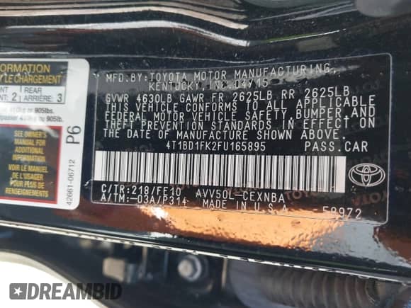 2015 Toyota Camry LE с VIN 4T1BD1FK2FU165895, выставлен на аукционе IAAI как лот 41961991 с пробегом 34 336 миль миль и . История ставок и продаж доступна на DreamBid. Изображение 9.