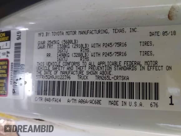 2018 Toyota Tacoma SR with VIN 5TFRX5GN9JX122396, listed as a IAAI auction lot 42933585 with 107,492 mi miles and . Bid and sale history available at DreamBid. Image 9.