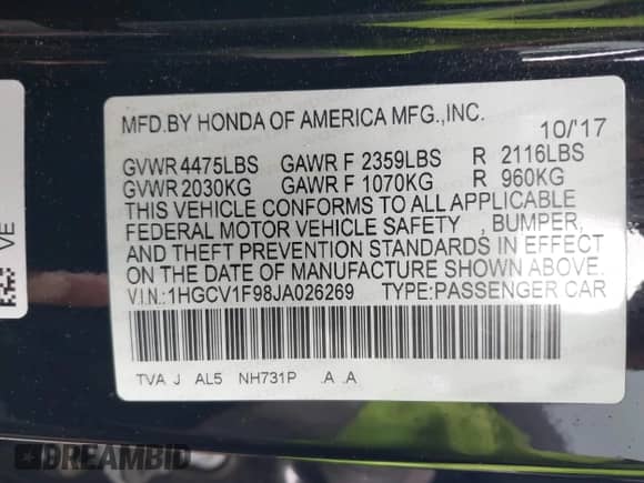 2018 Honda Accord Touring with VIN 1HGCV1F98JA026269, listed as a IAAI auction lot 43417506 with 52,026 mi miles and . Bid and sale history available at DreamBid. Image 9.