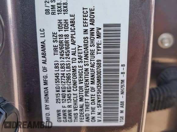 2021 Honda Pilot EX с VIN 5FNYF5H35MB007689, выставлен на аукционе Copart как лот 80682885 с пробегом 88 931 миль миль и Списание • Salvage title. История ставок и продаж доступна на DreamBid. Изображение 13.