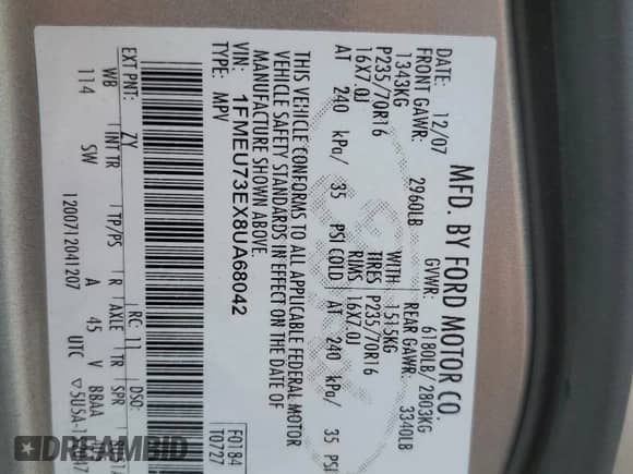 2008 Ford Explorer XLT с VIN 1FMEU73EX8UA68042, выставлен на аукционе Copart как лот 71371795 с пробегом 154 029 миль миль и Чистый • Clean title. История ставок и продаж доступна на DreamBid. Изображение 13.