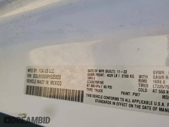 2023 Ram ProMaster Cargo с VIN 3C6LRVDG9PE525820, выставлен на аукционе Copart как лот 59241065 с пробегом 10 706 миль миль и Списание • Salvage title. История ставок и продаж доступна на DreamBid. Изображение 14.