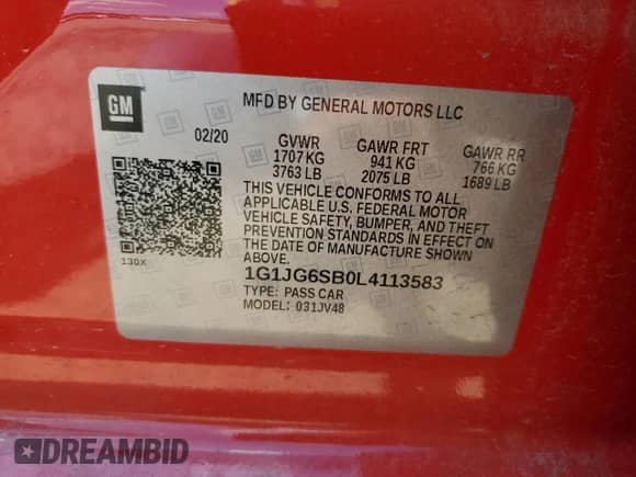 2020 Chevrolet Sonic LT with VIN 1G1JG6SB0L4113583, listed as a Copart auction lot 68475435 with 66,619 mi miles and Salvage title. Bid and sale history available at DreamBid. Image 12.
