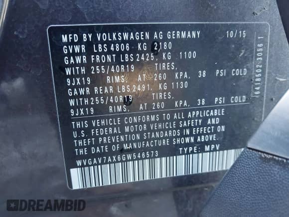 2016 Volkswagen Tiguan S with VIN WVGAV7AX6GW546573, listed as a IAAI auction lot 41672697 with 117,174 mi miles and . Bid and sale history available at DreamBid. Image 9.