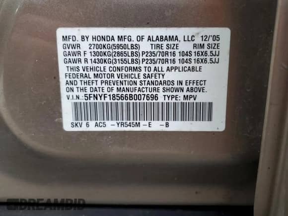 2006 Honda Pilot EX-L с VIN 5FNYF18566B007696, выставлен на аукционе Copart как лот 85329555 с пробегом 249 997 миль миль и Списание • Salvage title. История ставок и продаж доступна на DreamBid. Изображение 13.