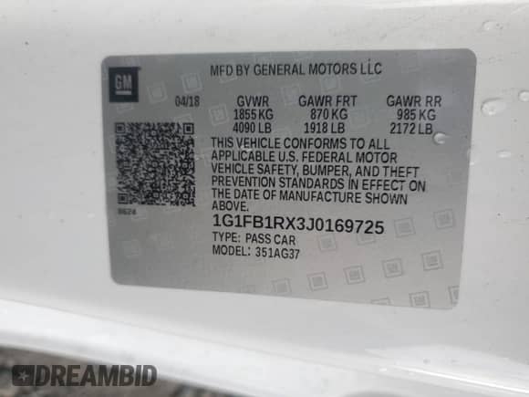 2018 Chevrolet Camaro 1LT with VIN 1G1FB1RX3J0169725, listed as a Copart auction lot 85329175 with 106,383 mi miles and Salvage title. Bid and sale history available at DreamBid. Image 12.