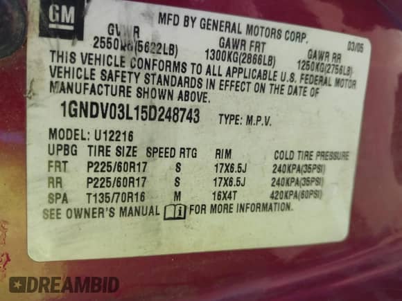 2005 Chevrolet Uplander с VIN 1GNDV03L15D248743, выставлен на аукционе IAAI как лот 43470419 с пробегом Не указан миль и . История ставок и продаж доступна на DreamBid. Изображение 9.