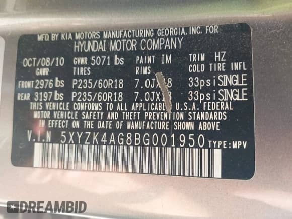 2011 Hyundai Santa Fe Limited with VIN 5XYZK4AG8BG001950, listed as a IAAI auction lot 42869271 with 115,265 mi miles and . Bid and sale history available at DreamBid. Image 9.