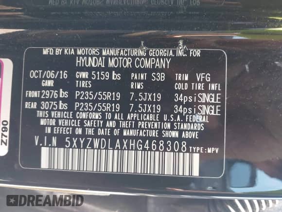 2017 Hyundai Santa Fe Ultimate z VIN 5XYZWDLAXHG468308, wystawiony jako IAAI lot #42660810 z przebiegiem 137 165 mil mil oraz . Historia ofert i sprzedaży dostępna na DreamBid. Obrazek 9.