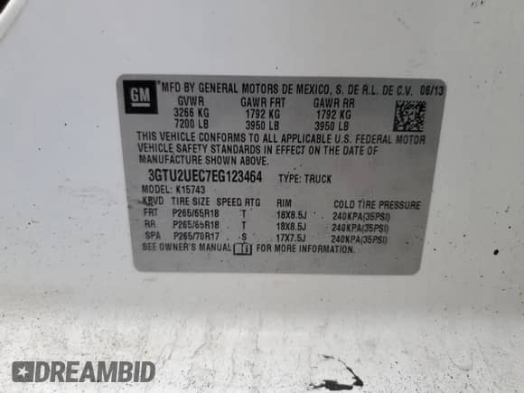 2014 GMC Sierra 1500 SLE z VIN 3GTU2UEC7EG123464, wystawiony jako Copart lot #86570794 z przebiegiem 121 217 mil mil oraz Szkoda całkowita • Salvage title. Historia ofert i sprzedaży dostępna na DreamBid. Obrazek 12.
