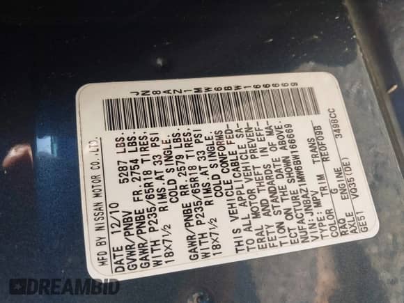 2011 Nissan Murano SV z VIN JN8AZ1MW6BW166669, wystawiony jako IAAI lot #43146522 z przebiegiem 138 400 mil mil oraz . Historia ofert i sprzedaży dostępna na DreamBid. Obrazek 9.