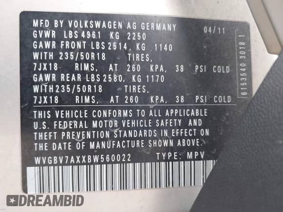 2011 Volkswagen Tiguan S with VIN WVGBV7AXXBW560022, listed as a IAAI auction lot 42693212 with 127,879 mi miles and . Bid and sale history available at DreamBid. Image 9.