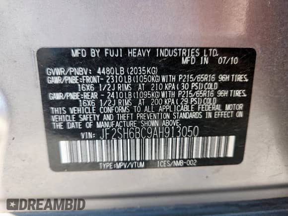 2010 Subaru Forester X with VIN JF2SH6BC9AH913050, listed as a Copart auction lot 81513305 with 147,040 mi miles and Salvage title. Bid and sale history available at DreamBid. Image 13.