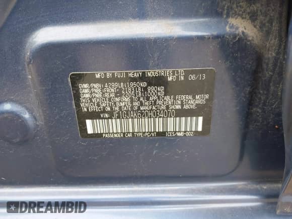 2013 Subaru Impreza Limited с VIN JF1GJAK62DH034070, выставлен на аукционе IAAI как лот 42413509 с пробегом 28 160 миль миль и . История ставок и продаж доступна на DreamBid. Изображение 9.