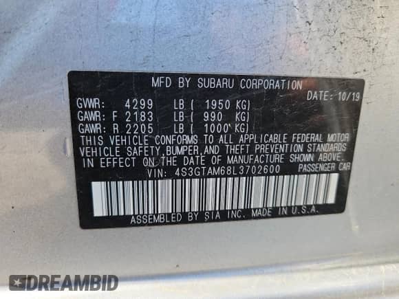 2020 Subaru Impreza Special Sports с VIN 4S3GTAM68L3702600, выставлен на аукционе Copart как лот 62135295 с пробегом 67 887 миль миль и Списание • Salvage title. История ставок и продаж доступна на DreamBid. Изображение 13.