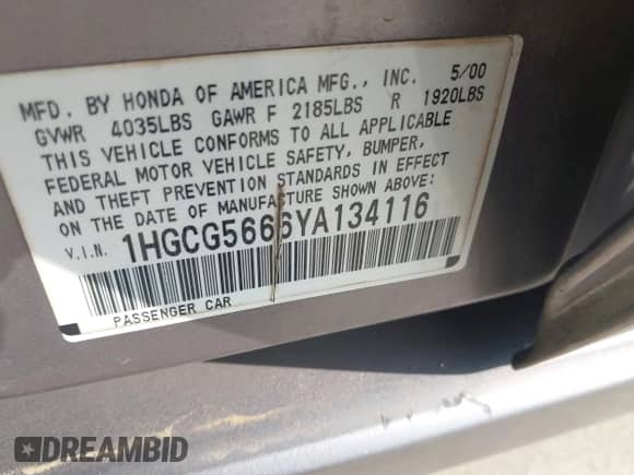 2000 Honda Accord EX с VIN 1HGCG5666YA134116, выставлен на аукционе IAAI как лот 43506846 с пробегом 212 149 миль миль и . История ставок и продаж доступна на DreamBid. Изображение 9.