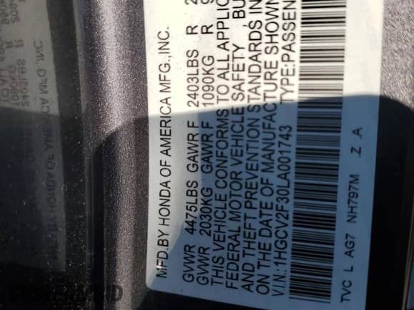 2020 Honda Accord Sport with VIN 1HGCV2F30LA001743, listed as a Copart auction lot 70823505 with Not provided miles and Salvage title. Bid and sale history available at DreamBid. Image 12.
