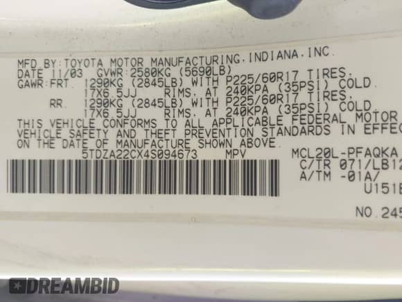 2004 Toyota Sienna XLE z VIN 5TDZA22CX4S094673, wystawiony jako IAAI lot #43298675 z przebiegiem 250 775 mil mil oraz . Historia ofert i sprzedaży dostępna na DreamBid. Obrazek 9.