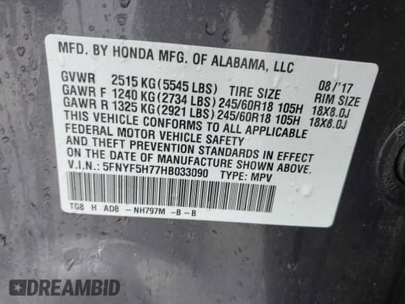 2017 Honda Pilot EX-L z VIN 5FNYF5H77HB033090, wystawiony jako IAAI lot #42359412 z przebiegiem 131 032 mil mil oraz . Historia ofert i sprzedaży dostępna na DreamBid. Obrazek 9.