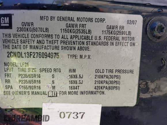 2007 Chevrolet Equinox LS с VIN 2CNDL13F276094975, выставлен на аукционе IAAI как лот 43390450 с пробегом 232 516 миль миль и . История ставок и продаж доступна на DreamBid. Изображение 9.