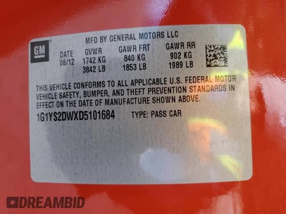 2013 Chevrolet Corvette Grand Sport 3LT with VIN 1G1YS2DWXD5101684, listed as a Copart auction lot 72972804 with 52,833 mi miles and Salvage title. Bid and sale history available at DreamBid. Image 14.