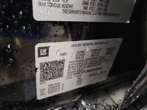 2021 GMC Sierra 1500 Elevation с VIN 1GTR9CEK3MZ293869, выставлен на аукционе Copart как лот 71060695 с пробегом 69 500 миль миль и Списание • Salvage title. История ставок и продаж доступна на DreamBid. Изображение 13.