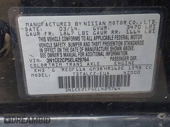 2014 Nissan Note S Plus z VIN 3N1CE2CP5EL429764, wystawiony jako IAAI lot #42688083 z przebiegiem 133 728 mil mil oraz . Historia ofert i sprzedaży dostępna na DreamBid. Obrazek 9.