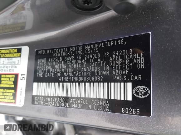 2019 Toyota Camry LE с VIN 4T1B11HK0KU808082, выставлен на аукционе IAAI как лот 42306880 с пробегом 59 284 миль миль и . История ставок и продаж доступна на DreamBid. Изображение 9.