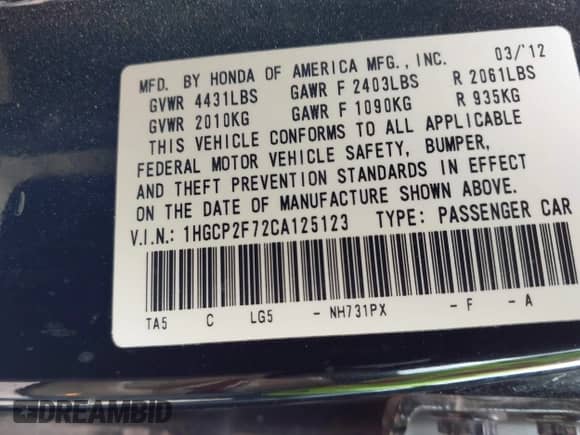 2012 Honda Accord EX z VIN 1HGCP2F72CA125123, wystawiony jako IAAI lot #43240858 z przebiegiem 179 246 mil mil oraz . Historia ofert i sprzedaży dostępna na DreamBid. Obrazek 9.