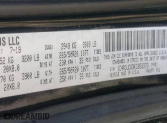 2019 Dodge Durango GT Plus with VIN 1C4RDJDG3KC853373, listed as a Copart auction lot 69112965 with 114,117 mi miles and Salvage title. Bid and sale history available at DreamBid. Image 13.