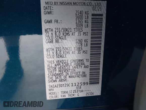 2025 Nissan Murano Platinum with VIN 5N1AZ3DT2SC112599, listed as a IAAI auction lot 42931843 with 3,340 mi miles and . Bid and sale history available at DreamBid. Image 9.