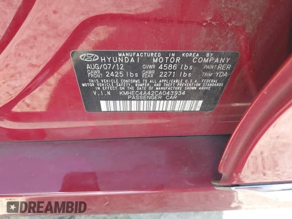 2012 Hyundai Sonata Hybrid z VIN KMHEC4A42CA043934, wystawiony jako IAAI lot #42944787 z przebiegiem 162 936 mil mil oraz . Historia ofert i sprzedaży dostępna na DreamBid. Obrazek 9.