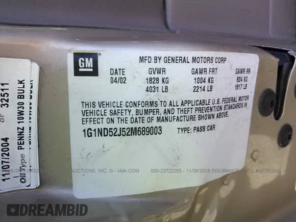 2002 Chevrolet Malibu с VIN 1G1ND52J52M689003, выставлен на аукционе IAAI как лот 23722285 с пробегом Не указан миль и . История ставок и продаж доступна на DreamBid. Изображение 9.