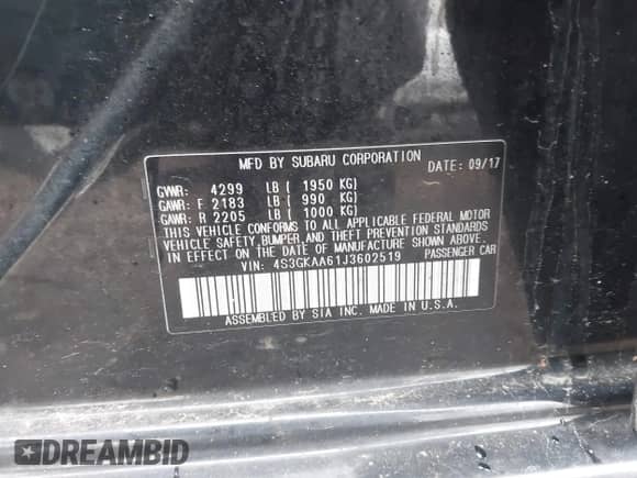 2018 Subaru Impreza с VIN 4S3GKAA61J3602519, выставлен на аукционе IAAI как лот 42031705 с пробегом 37 320 миль миль и . История ставок и продаж доступна на DreamBid. Изображение 9.