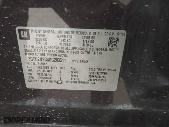 2016 GMC Sierra 1500 SLT with VIN 3GTU2NEC6GG203511, listed as a IAAI auction lot 41794235 with 188,561 mi miles and . Bid and sale history available at DreamBid. Image 9.