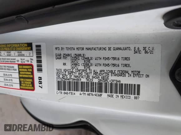 2021 Toyota Tacoma SR with VIN 3TYSZ5AN4MT044869, listed as a IAAI auction lot 41413459 with 62,446 mi miles and . Bid and sale history available at DreamBid. Image 9.