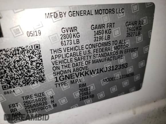 2019 Chevrolet Traverse Premier с VIN 1GNEVKKW1KJ312353, выставлен на аукционе Copart как лот 80759235 с пробегом 86 264 миль миль и Списание • Salvage title. История ставок и продаж доступна на DreamBid. Изображение 13.