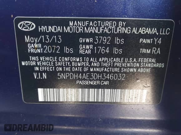2013 Hyundai Elantra GLS with VIN 5NPDH4AE3DH346032, listed as a IAAI auction lot 43371862 with 122,195 mi miles and . Bid and sale history available at DreamBid. Image 9.