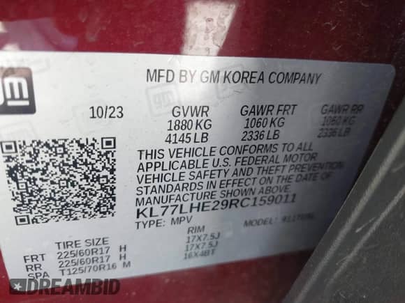 2024 Chevrolet Trax LT with VIN KL77LHE29RC159011, listed as a IAAI auction lot 43193460 with 51,239 mi miles and . Bid and sale history available at DreamBid. Image 9.
