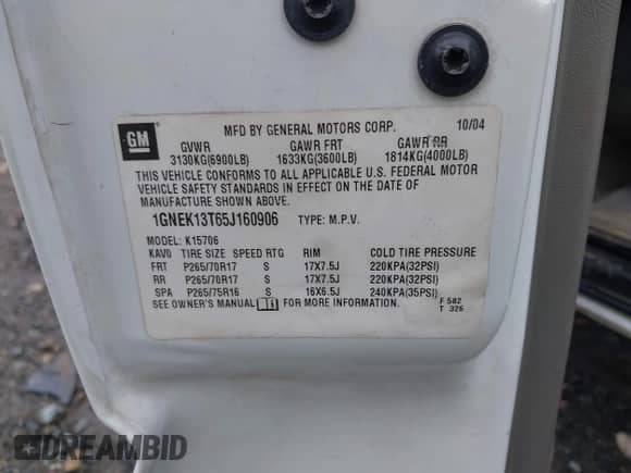 2005 Chevrolet Tahoe LT with VIN 1GNEK13T65J160906, listed as a IAAI auction lot 42518293 with 301,009 mi miles and . Bid and sale history available at DreamBid. Image 9.