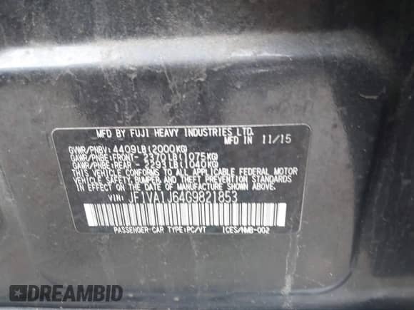 2016 Subaru WRX Limited with VIN JF1VA1J64G9821853, listed as a IAAI auction lot 42151952 with 93,091 mi miles and . Bid and sale history available at DreamBid. Image 9.