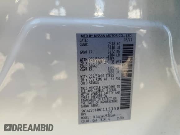 2021 Nissan Murano Platinum with VIN 5N1AZ2DJ4MC115158, listed as a Copart auction lot 71445565 with 53,720 mi miles and Salvage title. Bid and sale history available at DreamBid. Image 13.