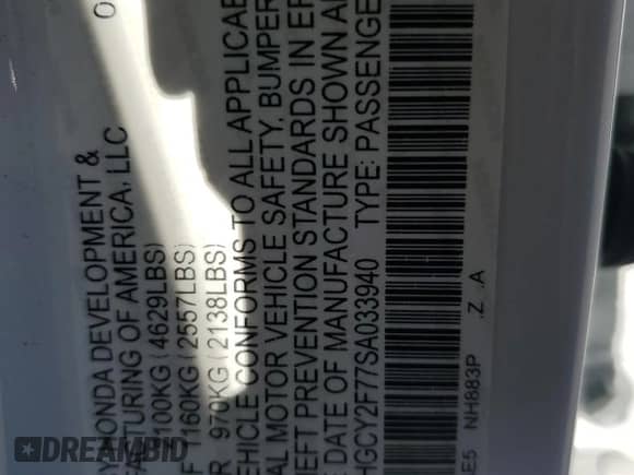 2025 Honda Accord Sport-L with VIN 1HGCY2F77SA033940, listed as a Copart auction lot 67660445 with Not provided miles and Salvage title. Bid and sale history available at DreamBid. Image 12.