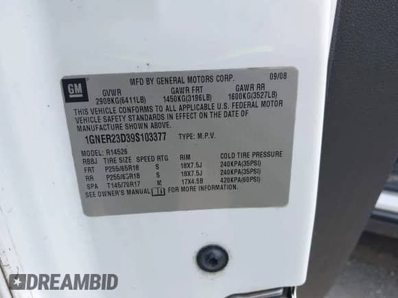 2009 Chevrolet Traverse 1LT z VIN 1GNER23D39S103377, wystawiony jako IAAI lot #42862338 z przebiegiem 145 272 mil mil oraz . Historia ofert i sprzedaży dostępna na DreamBid. Obrazek 9.